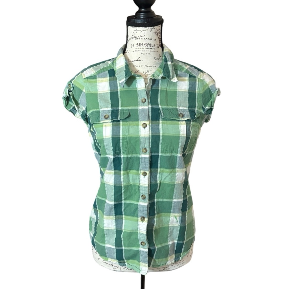 Eddie Bauer Green and White Plaid Shirt